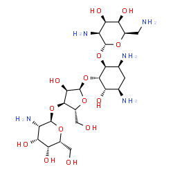 ChemSpider 2D Image | (1S,2S,3S,4R,6S)-4,6-Diamino-2-{[3-O-(2-amino-2-deoxy-alpha-D-talopyranosyl)-alpha-D-ribofuranosyl]oxy}-3-hydroxycyclohexyl 2,6-diamino-2,6-dideoxy-alpha-D-talopyranoside | C23H45N5O14