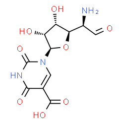 ChemSpider 2D Image | 1-[(6R)-2-Amino-2-deoxy-L-altro-hexodialdo-6,3-furanosyl]-2,4-dioxo-1,2,3,4-tetrahydro-5-pyrimidinecarboxylic acid | C11H13N3O8