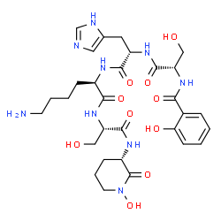 ChemSpider 2D Image | N-(2-Hydroxybenzoyl)-L-seryl-L-histidyl-D-lysyl-N-[(3S)-1-hydroxy-2-oxo-3-piperidinyl]-L-serinamide | C30H43N9O10