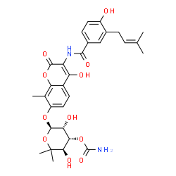 ChemSpider 2D Image | N-{7-[(3-O-Carbamoyl-6-deoxy-5-methyl-beta-D-gulopyranosyl)oxy]-4-hydroxy-8-methyl-2-oxo-2H-chromen-3-yl}-4-hydroxy-3-(3-methyl-2-buten-1-yl)benzamide | C30H34N2O11