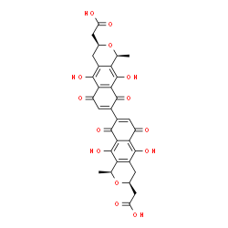 ChemSpider 2D Image | 2,2'-[(1S,1'S,3S,3'S)-5,5',10,10'-Tetrahydroxy-1,1'-dimethyl-6,6',9,9'-tetraoxo-3,3',4,4',6,6',9,9'-octahydro-1H,1'H-8,8'-bibenzo[g]isochromene-3,3'-diyl]diacetic acid | C32H26O14