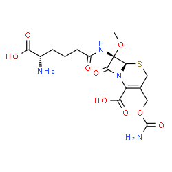 ChemSpider 2D Image | (6R,7S)-7-{[(5S)-5-Amino-5-carboxypentanoyl]amino}-3-[(carbamoyloxy)methyl]-7-methoxy-8-oxo-5-thia-1-azabicyclo[4.2.0]oct-2-ene-2-carboxylic acid | C16H22N4O9S