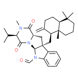 ChemSpider 2D Image | (3R,5aS,10bS,11aS)-3-Isopropyl-2-methyl-1,4-dioxo-10b-{[(1S,4aS,8aS)-5,5,8a-trimethyl-2-methylenedecahydro-1-naphthalenyl]methyl}-1,2,3,4,5a,10b,11,11a-octahydro-6H-pyrazino[1',2':1,5]pyrrolo[2,3-b]in
dole-6-carbaldehyde | C33H45N3O3