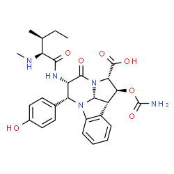 ChemSpider 2D Image | (1S,2S,4S,5R,9bR,9cR)-1-(Carbamoyloxy)-5-(4-hydroxyphenyl)-4-[(N-methyl-L-isoleucyl)amino]-3-oxo-1,2,4,5,9b,9c-hexahydro-3H-2a,5a-diazacyclopenta[jk]fluorene-2-carboxylic acid | C28H33N5O7