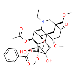 ChemSpider 2D Image | (1alpha,3alpha,6beta,13alpha,14alpha,15alpha,16alpha,17xi)-8-Acetoxy-20-ethyl-3,13,15-trihydroxy-1,6,16-trimethoxy-4-(methoxymethyl)aconitan-14-yl benzoate | C34H47NO11