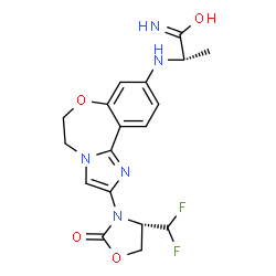 ChemSpider 2D Image | (2S)-2-({2-[(4S)-4-(Difluoromethyl)-2-oxo-1,3-oxazolidin-3-yl]-5,6-dihydroimidazo[1,2-d][1,4]benzoxazepin-9-yl}amino)propanimidic acid | C18H19F2N5O4