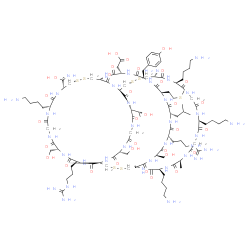 ChemSpider 2D Image | {(1R,4S,7R,13R,16R,21R,24S,27R,30R,33S,36S,39R,42S,45S,48S,54S,60S,63R,68R,71R,77R)-63-Amino-13,45,54,60-tetrakis(4-aminobutyl)-4,36-bis(3-carbamimidamidopropyl)-27-(4-hydroxybenzyl)-71-[(1R)-1-hydrox
yethyl]-16-[hydroxy(imino)methyl]-7,39,77-tris(hydroxymethyl)-33-isobutyl-48-methyl-30-[2-(methylsulfanyl)ethyl]-2,5,8,11,14,23,26,29,32,35,38,41,44,47,50,53,56,59,62,69,72,75,78,85-tetracosaoxo-18,19
,65,66,81,82-hexathia-3,6,9,12,15,22,25,28,31,34,37,40,43,46,49,52,55,58,61,70,73,76,79,84-tetracosaazatricyclo[40.37.4.2~21,68~]pentaoctacont-24-yl}acetic acid | C102H172N36O32S7