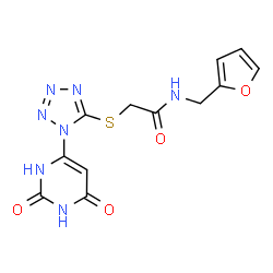 ChemSpider 2D Image | 2-{[1-(2,6-Dioxo-1,2,3,6-tetrahydro-4-pyrimidinyl)-1H-tetrazol-5-yl]sulfanyl}-N-(2-furylmethyl)acetamide | C12H11N7O4S