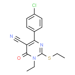 ChemSpider 2D Image | 4-(4-Chlorophenyl)-1-ethyl-2-(ethylsulfanyl)-6-oxo-1,6-dihydro-5-pyrimidinecarbonitrile | C15H14ClN3OS