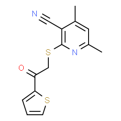 ChemSpider 2D Image | 4,6-Dimethyl-2-{[2-oxo-2-(2-thienyl)ethyl]sulfanyl}nicotinonitrile | C14H12N2OS2