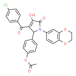 ChemSpider 2D Image | 4-[3-(4-Chlorobenzoyl)-1-(2,3-dihydro-1,4-benzodioxin-6-yl)-4-hydroxy-5-oxo-2,5-dihydro-1H-pyrrol-2-yl]phenyl acetate | C27H20ClNO7