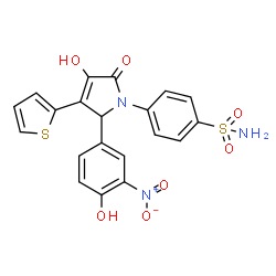 ChemSpider 2D Image | 4-[3-Hydroxy-5-(4-hydroxy-3-nitrophenyl)-2-oxo-4-(2-thienyl)-2,5-dihydro-1H-pyrrol-1-yl]benzenesulfonamide | C20H15N3O7S2