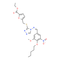 ChemSpider 2D Image | Ethyl 5-{[(4-{(Z)-[3-methoxy-5-nitro-4-(pentyloxy)benzylidene]amino}-4H-1,2,4-triazol-3-yl)sulfanyl]methyl}-2-furoate | C23H27N5O7S