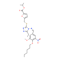 ChemSpider 2D Image | Isopropyl 5-{[(5-ethyl-4-{(Z)-[4-(hexyloxy)-3-methoxy-5-nitrobenzylidene]amino}-4H-1,2,4-triazol-3-yl)sulfanyl]methyl}-2-furoate | C27H35N5O7S