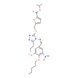 ChemSpider 2D Image | Isopropyl 5-{[(4-{(Z)-[3-methoxy-5-nitro-4-(pentyloxy)benzylidene]amino}-5-propyl-4H-1,2,4-triazol-3-yl)sulfanyl]methyl}-2-furoate | C27H35N5O7S