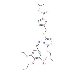 ChemSpider 2D Image | Isopropyl 5-[({5-butyl-4-[(Z)-(3-ethoxy-5-nitro-4-propoxybenzylidene)amino]-4H-1,2,4-triazol-3-yl}sulfanyl)methyl]-2-furoate | C27H35N5O7S