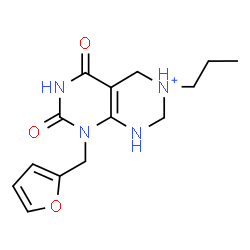 ChemSpider 2D Image | 8-(2-Furylmethyl)-5,7-dioxo-3-propyl-1,2,3,4,5,6,7,8-octahydropyrimido[4,5-d]pyrimidin-3-ium | C14H19N4O3