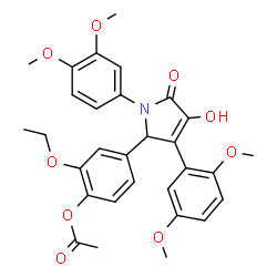 ChemSpider 2D Image | 4-[3-(2,5-Dimethoxyphenyl)-1-(3,4-dimethoxyphenyl)-4-hydroxy-5-oxo-2,5-dihydro-1H-pyrrol-2-yl]-2-ethoxyphenyl acetate | C30H31NO9