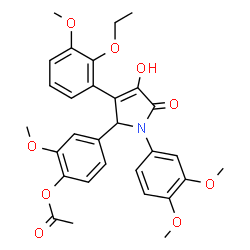 ChemSpider 2D Image | 4-[1-(3,4-Dimethoxyphenyl)-3-(2-ethoxy-3-methoxyphenyl)-4-hydroxy-5-oxo-2,5-dihydro-1H-pyrrol-2-yl]-2-methoxyphenyl acetate | C30H31NO9