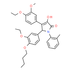 ChemSpider 2D Image | 5-(4-Butoxy-3-ethoxyphenyl)-4-(4-ethoxy-3-methoxyphenyl)-3-hydroxy-1-(2-methylphenyl)-1,5-dihydro-2H-pyrrol-2-one | C32H37NO6