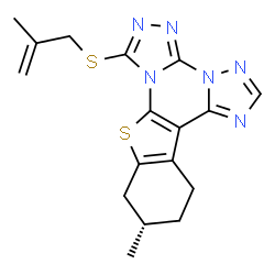 ChemSpider 2D Image | (11S)-11-Methyl-7-[(2-methyl-2-propen-1-yl)sulfanyl]-10,11,12,13-tetrahydro[1]benzothieno[3,2-e]bis[1,2,4]triazolo[4,3-a:1',5'-c]pyrimidine | C17H18N6S2
