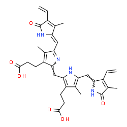 ChemSpider 2D Image | 3-[2-[(Z)-[3-(2-carboxyethyl)-4-methyl-5-[(Z)-(3-methyl-5-oxo-4-vinyl-pyrrol-2-ylidene)methyl]pyrrol-2-ylidene]methyl]-4-methyl-5-[(Z)-(4-methyl-5-oxo-3-vinyl-pyrrol-2-ylidene)methyl]-1H-pyrrol-3-yl]propanoic acid | C33H34N4O6