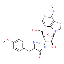 ChemSpider 2D Image | 2-Amino-N-[(2S,4S,5R)-5-[6-(dimethylamino)-9H-purin-9-yl]-4-hydroxy-2-(hydroxymethyl)tetrahydro-3-furanyl]-3-(4-methoxyphenyl)propanamide (non-preferred name) | C22H29N7O5