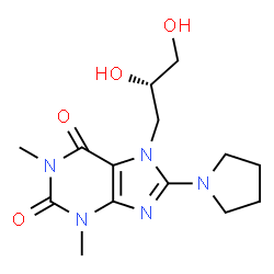 ChemSpider 2D Image | 7-[(2S)-2,3-Dihydroxypropyl]-1,3-dimethyl-8-(1-pyrrolidinyl)-3,7-dihydro-1H-purine-2,6-dione | C14H21N5O4