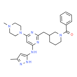 ChemSpider 2D Image | [3-({4-(4-Methyl-1-piperazinyl)-6-[(3-methyl-1H-pyrazol-5-yl)amino]-2-pyrimidinyl}methyl)-1-piperidinyl](phenyl)methanone | C26H34N8O