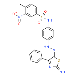 ChemSpider 2D Image | N-{4-[(2E)-2-(2-Imino-4-phenyl-1,3-thiazol-5(2H)-ylidene)hydrazino]phenyl}-4-methyl-3-nitrobenzenesulfonamide | C22H18N6O4S2