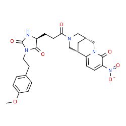 ChemSpider 2D Image | (5S)-3-[2-(4-Methoxyphenyl)ethyl]-5-{3-[(1S,9R)-5-nitro-6-oxo-7,11-diazatricyclo[7.3.1.0~2,7~]trideca-2,4-dien-11-yl]-3-oxopropyl}-2,4-imidazolidinedione | C26H29N5O7