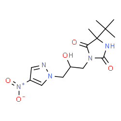 ChemSpider 2D Image | 3-[2-Hydroxy-3-(4-nitro-1H-pyrazol-1-yl)propyl]-5-methyl-5-(2-methyl-2-propanyl)-2,4-imidazolidinedione | C14H21N5O5
