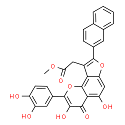 ChemSpider 2D Image | Methyl [2-(3,4-dihydroxyphenyl)-3,5-dihydroxy-8-(2-naphthyl)-4-oxo-4H-furo[2,3-h]chromen-9-yl]acetate | C30H20O9