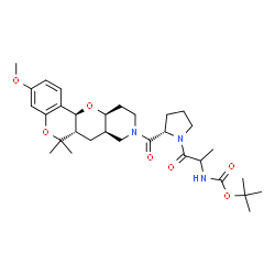 ChemSpider 2D Image | 2-Methyl-2-propanyl {1-[(2S)-2-{[(6aS,7aR,11aS,12aS)-3-methoxy-6,6-dimethyl-6a,7a,10,11,11a,12a-hexahydro-6H,7H-chromeno[3',4':5,6]pyrano[3,2-c]pyridin-9(8H)-yl]carbonyl}-1-pyrrolidinyl]-1-oxo-2-propa
nyl}carbamate | C31H45N3O7