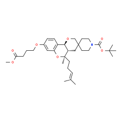 ChemSpider 2D Image | 2-Methyl-2-propanyl (4a'S,5'R,10b'S)-8'-(4-methoxy-4-oxobutoxy)-5'-methyl-5'-(4-methyl-3-penten-1-yl)-4a',10b'-dihydro-1H,4'H,5'H-spiro[piperidine-4,3'-pyrano[3,2-c]chromene]-1-carboxylate | C33H49NO7