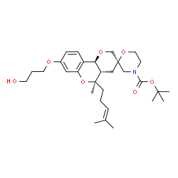 ChemSpider 2D Image | 2-Methyl-2-propanyl (2R,4a'S,5'R,10b'S)-8'-(3-hydroxypropoxy)-5'-methyl-5'-(4-methyl-3-penten-1-yl)-4a',10b'-dihydro-4H,4'H,5'H-spiro[1,4-oxazinane-2,3'-pyrano[3,2-c]chromene]-4-carboxylate | C30H45NO7