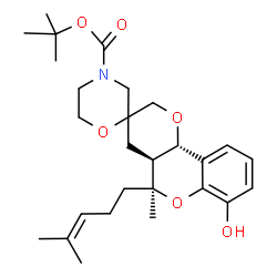 ChemSpider 2D Image | 2-Methyl-2-propanyl (4a'S,5'S,10b'S)-7'-hydroxy-5'-methyl-5'-(4-methyl-3-penten-1-yl)-4a',10b'-dihydro-4H,4'H,5'H-spiro[1,4-oxazinane-2,3'-pyrano[3,2-c]chromene]-4-carboxylate | C27H39NO6