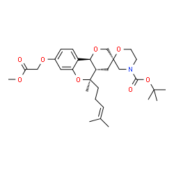 ChemSpider 2D Image | 2-Methyl-2-propanyl (2R,4a'S,5'R,10b'S)-8'-(2-methoxy-2-oxoethoxy)-5'-methyl-5'-(4-methyl-3-penten-1-yl)-4a',10b'-dihydro-4H,4'H,5'H-spiro[1,4-oxazinane-2,3'-pyrano[3,2-c]chromene]-4-carboxylate | C30H43NO8