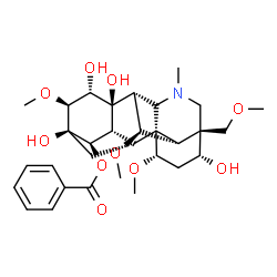 ChemSpider 2D Image | (1beta,3beta,5alpha,6alpha,8alpha,9alpha,13alpha,14alpha,15beta,16alpha)-3,8,13,15-Tetrahydroxy-1,6,16-trimethoxy-4-(methoxymethyl)-20-methylaconitan-14-yl benzoate | C31H43NO10