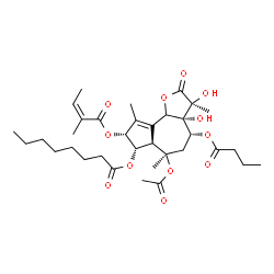 ChemSpider 2D Image | (3S,3aR,4R,6R,6aR,7S,8R)-6-Acetoxy-4-(butyryloxy)-3,3a-dihydroxy-3,6,9-trimethyl-8-{[(2Z)-2-methyl-2-butenoyl]oxy}-2-oxo-2,3,3a,4,5,6,6a,7,8,9b-decahydroazuleno[4,5-b]furan-7-yl octanoate | C34H50O12