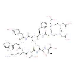 ChemSpider 2D Image | N-({(4S,7S,10S,13R,16S,19R)-10-(4-Aminobutyl)-16-(4-hydroxybenzyl)-7-[(1R)-1-hydroxyethyl]-13-(1H-indol-3-ylmethyl)-6,9,12,15,18-pentaoxo-19-[(N-{[4,7,10-tris(carboxymethyl)-1,4,7,10-tetraazacyclodode
can-1-yl]acetyl}-D-phenylalanyl)amino]-1,2-dithia-5,8,11,14,17-pentaazacycloicosan-4-yl}carbonyl)-L-threonine | C65H90N14O19S2