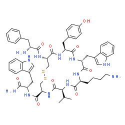 ChemSpider 2D Image | (4S,7S,10S,13R,16S,19R)-10-(4-Aminobutyl)-N-[(2S)-1-amino-3-(1H-indol-3-yl)-1-oxo-2-propanyl]-16-(4-hydroxybenzyl)-13-(1H-indol-3-ylmethyl)-7-isopropyl-6,9,12,15,18-pentaoxo-19-(D-phenylalanylamino)-1
,2-dithia-5,8,11,14,17-pentaazacycloicosane-4-carboxamide | C57H70N12O9S2
