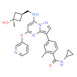 ChemSpider 2D Image | N-Cyclopropyl-4-[7-{[(cis-3-hydroxy-3-methylcyclobutyl)methyl]amino}-5-(3-pyridinyloxy)pyrazolo[1,5-a]pyrimidin-3-yl]-2-methylbenzamide | C28H30N6O3