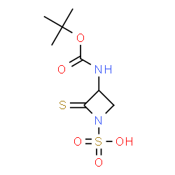 ChemSpider 2D Image | 3-({[(2-Methyl-2-propanyl)oxy]carbonyl}amino)-2-thioxo-1-azetidinesulfonic acid | C8H14N2O5S2