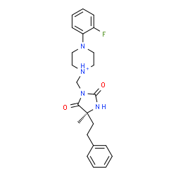 ChemSpider 2D Image | 4-(2-Fluorophenyl)-1-{[(4S)-4-methyl-2,5-dioxo-4-(2-phenylethyl)-1-imidazolidinyl]methyl}piperazin-1-ium | C23H28FN4O2