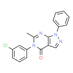 ChemSpider 2D Image | 5-(3-Chlorophenyl)-6-methyl-1-phenyl-1,5-dihydro-4H-pyrazolo[3,4-d]pyrimidin-4-one | C18H13ClN4O