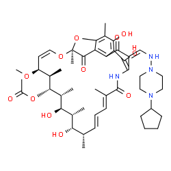 ChemSpider 2D Image | (7S,9Z,11S,12R,13S,14R,15R,16R,17S,18S,19E,21E,26E)-26-{[(4-Cyclopentyl-1-piperazinyl)amino]methylene}-2,15,17,29-tetrahydroxy-11-methoxy-3,7,12,14,16,18,22-heptamethyl-6,23,27-trioxo-8,30-dioxa-24-az
atetracyclo[23.3.1.1~4,7~.0~5,28~]triaconta-1(28),2,4,9,19,21,25(29)-heptaen-13-yl acetate | C47H64N4O12