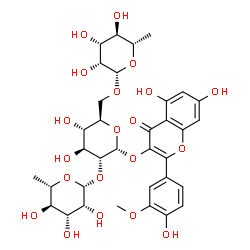 ChemSpider 2D Image | 5,7-Dihydroxy-2-(4-hydroxy-3-methoxyphenyl)-4-oxo-4H-chromen-3-yl 6-deoxy-beta-L-mannopyranosyl-(1->2)-[6-deoxy-beta-L-mannopyranosyl-(1->6)]-alpha-D-glucopyranoside | C34H42O20