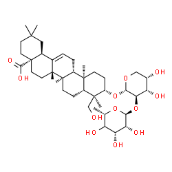 ChemSpider 2D Image | (3beta)-3-({2-O-[(4xi)-6-Deoxy-alpha-L-lyxo-hexopyranosyl]-alpha-L-arabinopyranosyl}oxy)-23-hydroxyolean-12-en-28-oic acid | C41H66O12