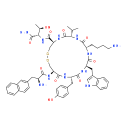 ChemSpider 2D Image | (4R,7S,10S,13R,16S,19R)-10-(4-Aminobutyl)-N-[(2S,3R)-1-amino-3-hydroxy-1-oxo-2-butanyl]-19-{[(2S)-2-amino-3-(2-naphthyl)propanoyl]amino}-16-(4-hydroxybenzyl)-13-(1H-indol-3-ylmethyl)-7-isopropyl-6,9,1
2,15,18-pentaoxo-1,2-dithia-5,8,11,14,17-pentaazacycloicosane-4-carboxamide (non-preferred name) | C54H69N11O10S2